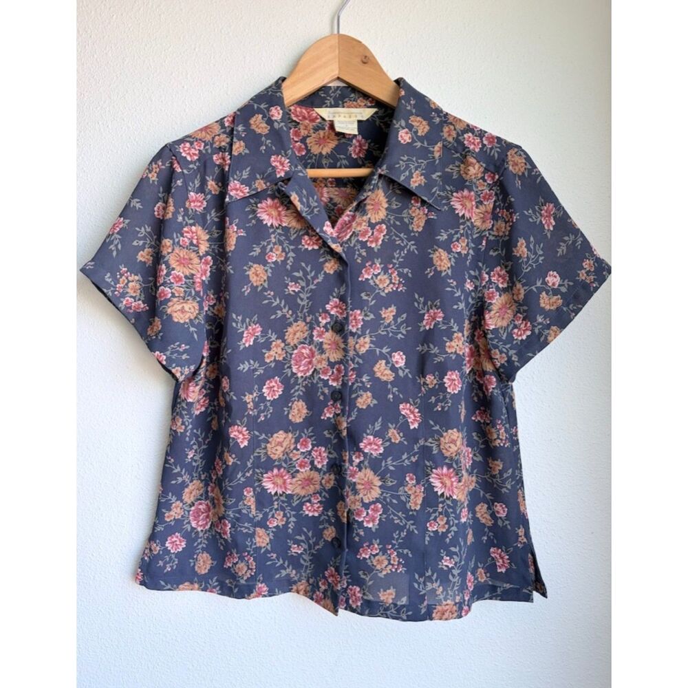 EXPRESS Vintage 90s Express Floral Blue Pink Button Down Rayon Top Womens Small